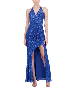 BCBGMAXAZRIA Women's Sleeveless Fit and Flare Long Evening Gown Halter V Neck Open Back Front Slit Dress