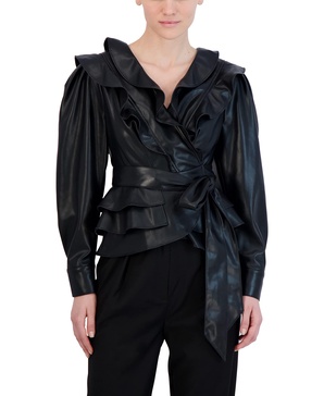BCBGMAXAZRIA Women's Long Sleeve Faux Leather Wrap Top V Neck Ruffle Tie Waist Blouse