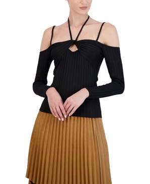 BCBGMAXAZRIA Women's Fitted Long Sleeve Cold Shoulder Sweetheart Neck Halter Tie Front Twist Keyhole Top