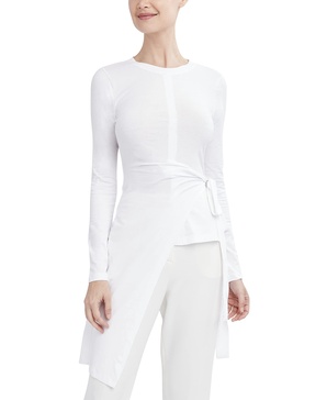 BCBGMAXAZRIA Women's Long Sleeve Fitted Bodycon Side Tie Asymmetrical Hem Top