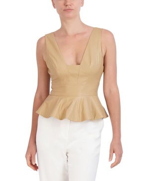 BCBGMAXAZRIA Women's Sleeveless Faux Leather Peplum Top Sweetheart Neck Exposed Zipper Shirt