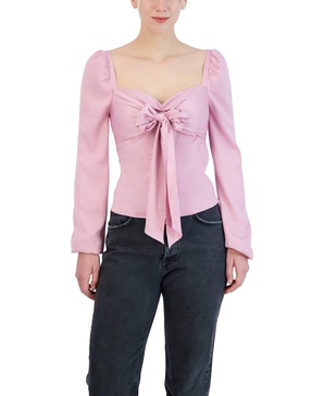BCBGeneration Women's Fitted Long Sleeve Top Shirred Tie Front Sweetheart Neck Blouse