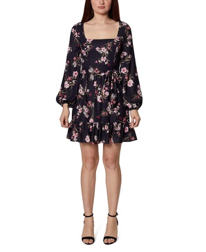 BCBGeneration Women's Long Sleeve Square Neck Tie Belt Flounce Hem Mini Dress