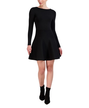 BCBGMAXAZRIA Women's Long Sleeve Boat Neck Fit and Flare Sweater Knit Mini Dress