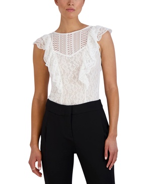 BCBGMAXAZRIA womens Sleeveless Stretch Lace Ruffle Fitted Bodycon Bodysuit