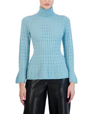 BCBGMAXAZRIA Women's Fitted Peplum Sweater Long Sleeve Bell Cuff Turtle Neck Ruffle Hem Top