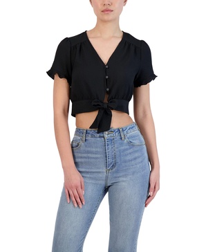 BCBGeneration Women's Short Sleeve Button Down Tie Front Crop Top