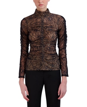 BCBGMAXAZRIA Women's Fitted Long Sleeve Top Turtleneck Ruched Bodice Button Shirt