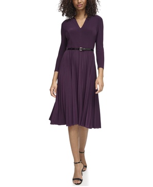 Tommy Hilfiger Women's Long Sleeve Jersey Midi Dress with Pleated Skirt