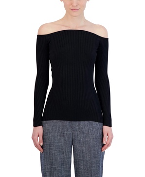 BCBGMAXAZRIA Women's Fitted Ribbed Sweater Off The Shoulder Long Sleeve Sculpted Neck Top