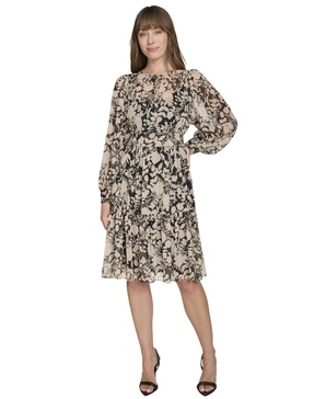 Tommy Hilfiger Women's Tie Neck and Cuff Balloon Sleeve Knee Length Fit and Flare Dress