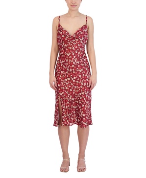 BCBGeneration Women's Relaxed Midi Dress Adjustable Spaghetti Strap Cowl Neck Side Slit