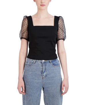 BCBGeneration Women's Short Sheer Balloon Sleeve Square Neck Crop Top