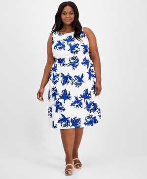 Plus Size Floral-Print Linen-Blend Fit & Flare Dress