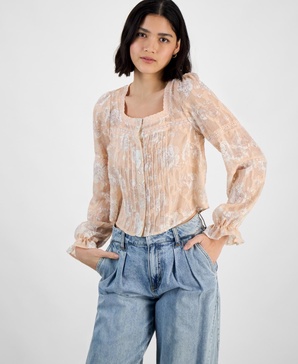 Women's Pleated Lace-Trim Floral-Print Blouse, Regular & Petites, Exclusively at Macy's
