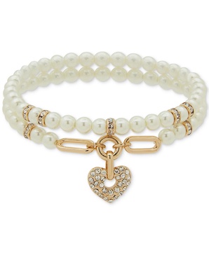 Gold-Tone Imitation Pearl & Pavé Heart Charm Beaded Double Row Stretch Bracelet