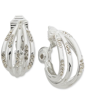 Silver-Tone Crystal Multi-Row Button Clip Earrings