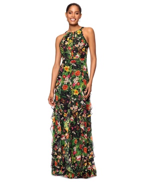 Petite Printed Ruffled Halter-Neck Gown