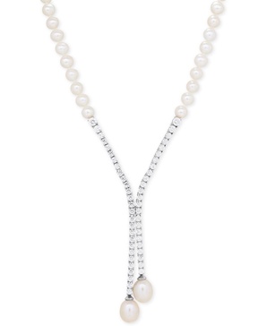 Cultured Freshwater Pearl (5mm & 10 x 8mm) & Cubic Zirconia Lariat Necklace in Sterling Silver, Created for Macy's
