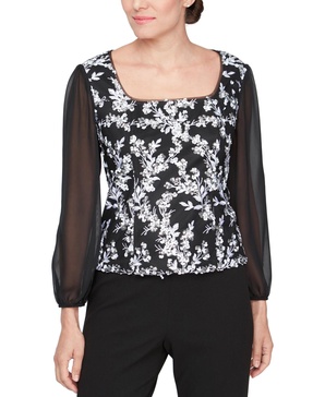 Petite Sheer-3/4-Sleeve Embroidered Stretch Tulle Top