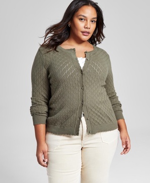 Trendy Plus Long-Sleeve Pointelle-Knit Cardigan, Exclusively at Macy's