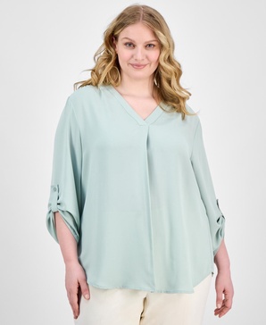 Plus Size V-Neck Pleat-Front Blouse