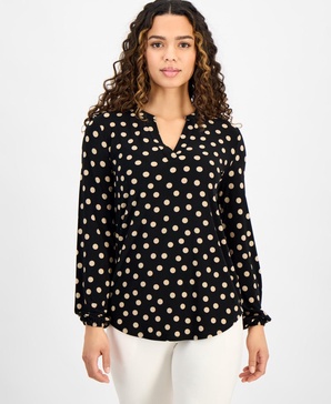 Petite Printed Split-Neck Long-Sleeve Top