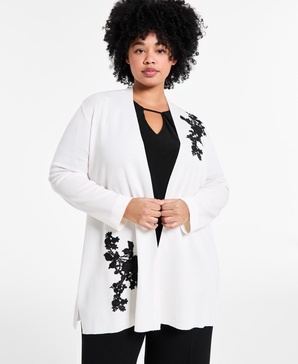 Plus Size Lace-Appliqué Open-Front Cardigan