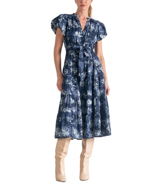 Women's Cotton Printed-Voile Tie-Waist Midi Dress