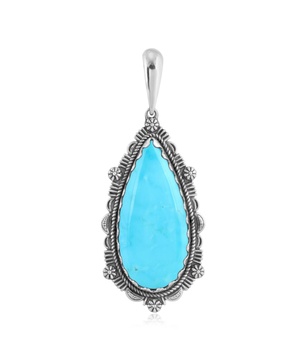 Sterling Silver Blue Turquoise Teardrop Bordered Design Pendant Enhancer