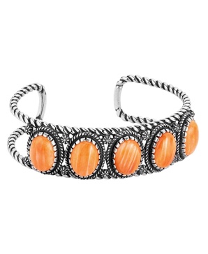 Sterling Silver Women's Cuff Bracelet Orange Spiny Gemstone 5-Stone Design Size Small - Large