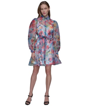 Women's Printed Organza Tie-Waist Dress