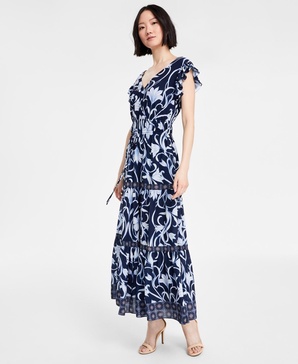 Women's Printed Border-Trim Drawstring Maxi Dress