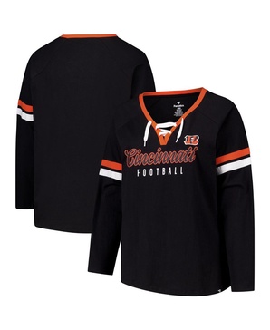 Women's Black Cincinnati Bengals Plus Size Won Done Lace-Up V-Neck Long Sleeve T-Shirt