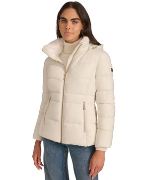 Petite Faux-Fur-Lined Hooded Puffer Coat