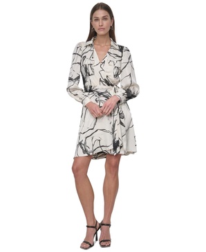 Women's Printed Faux-Wrap Long-Sleeve Dress