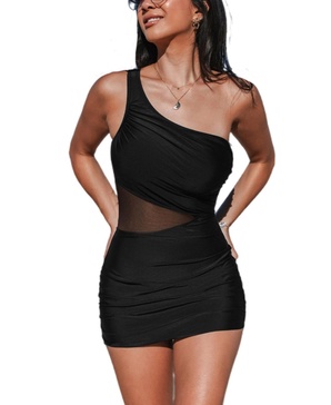 Women's Asymmetrical Mesh Waist Swim Dress