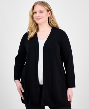 Plus Size Open-Front Long-Sleeve Side-Slit Cardigan 