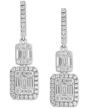 Cubic Zirconia Baguette Cluster Drop Earrings in Sterling Silver