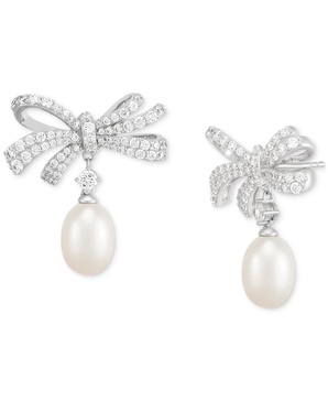 Cultured Freshwater Oval Pearl (11 x 9mm) & Cubic Zirconia Bow Drop Earrings in Sterling Silver