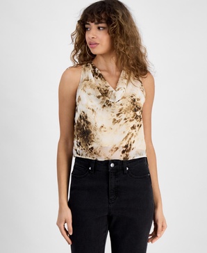 Plus Size Printed Chiffon Cowlneck Sleeveless Top, Exclusively at Macy's