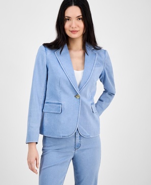 Women's Denim Notched Collar One-Button Blazer