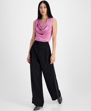 Women's High-Rise Rhinestone-Trim Wide-Leg Pants, Created for Macy's