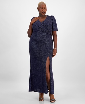 Plus Size Metallic-Knit Surplice-Neck Gown
