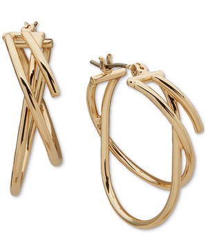 Gold-Tone Thin Criss Cross Small Hoop Earrings, 1"