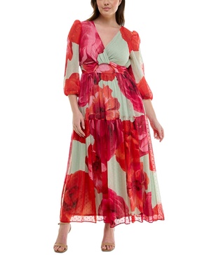 Plus Size Floral-Print Twist-Waist Tiered Dress