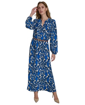 Women's Printed Long-Balloon-Sleeve Belted Dress