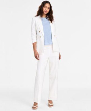 Women's Ruched-Sleeve Open-Front Linen Blazer, Printed Mesh Crewneck Top & High Rise Pull-On Linen Pants, Exclusively at Macy's