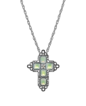Women's Pewter Rectangle Blue AB Crystal Cross Chain Necklace