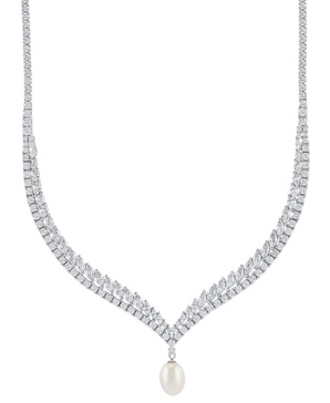 Cultured Freshwater Pearl (9x11mm) & Cubic Zirconia 17" Collar Necklace in Sterling Silver